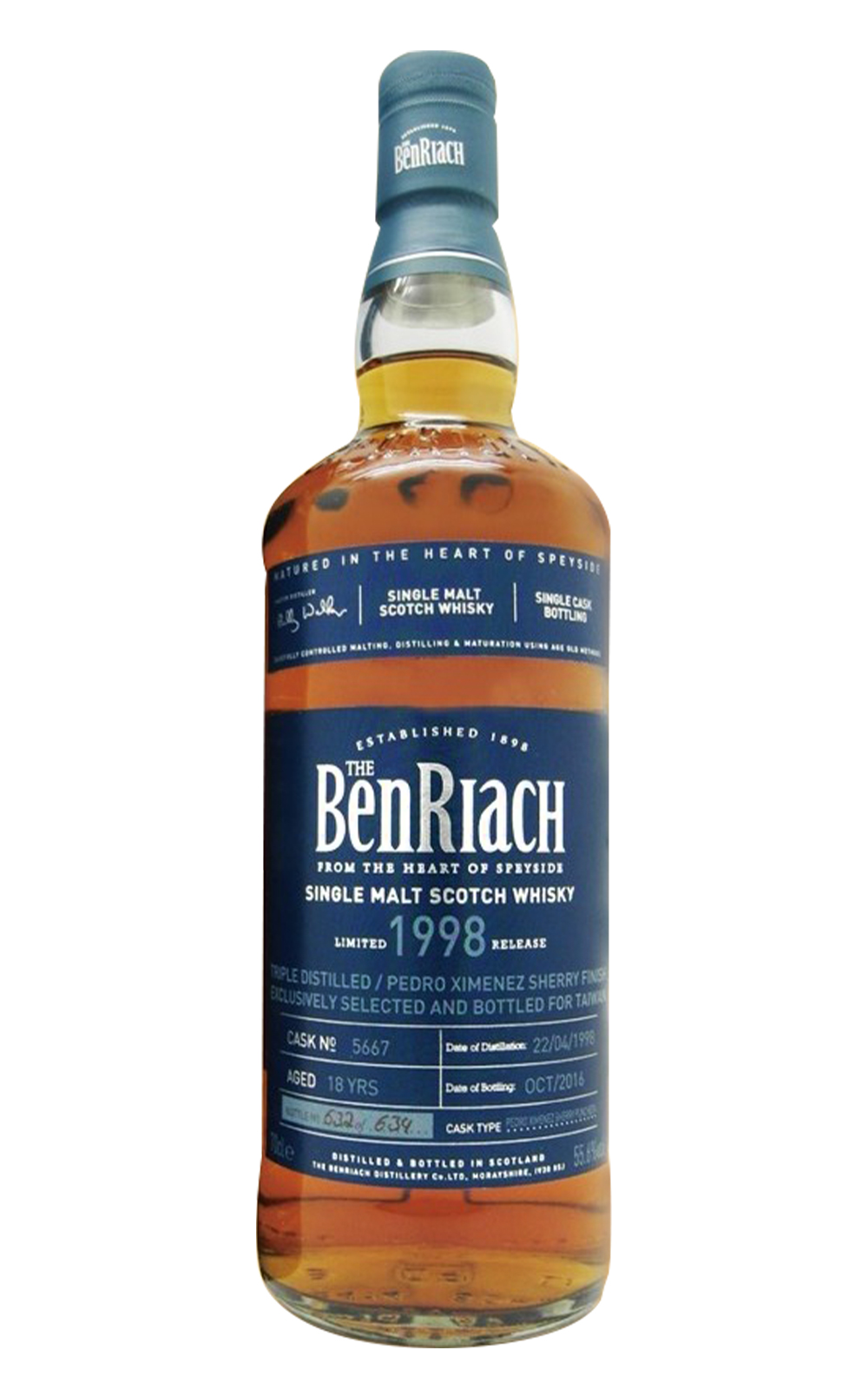 The BenRiach Single Cask Bottling 1998 5667 18 Years PX Sherry Finish Single Malt Scotch Whisky 班瑞克蒸餾廠 單桶系列 1998 5667 18年PX雪莉桶 單一麥芽蘇格蘭威士忌