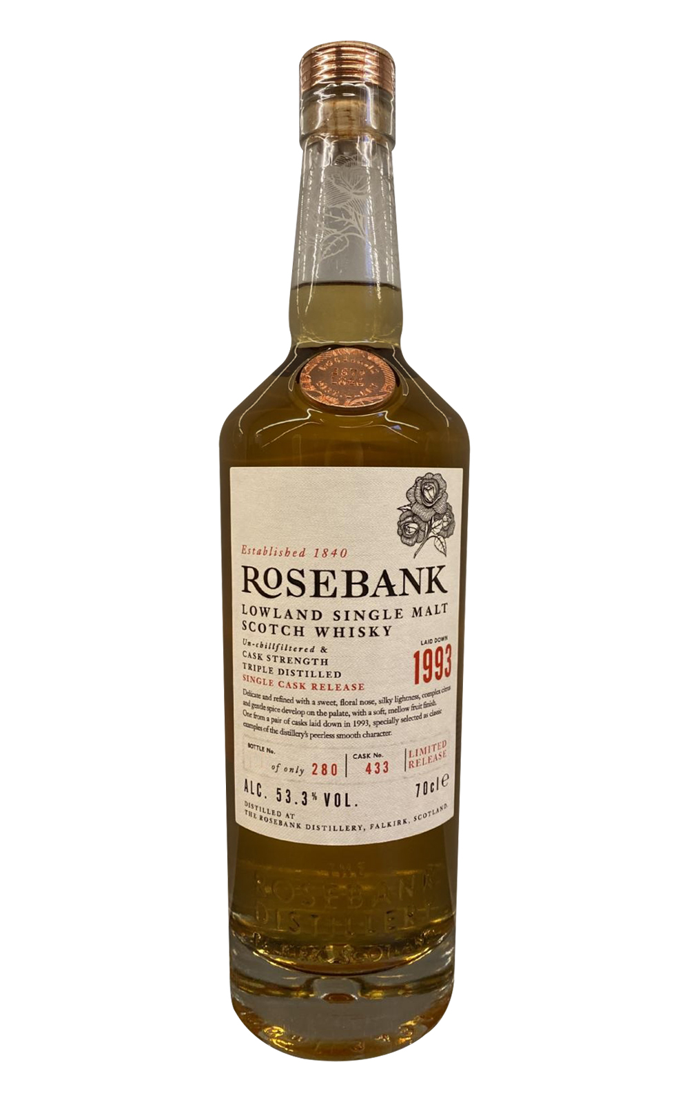 Rosebank Distillery 1993 Single Cask 433 Cask Strength Lowland Single Malt Scotch Whisky 玫瑰河畔蒸餾廠 1993 單桶 433 低地單一麥芽蘇格蘭威士忌原酒