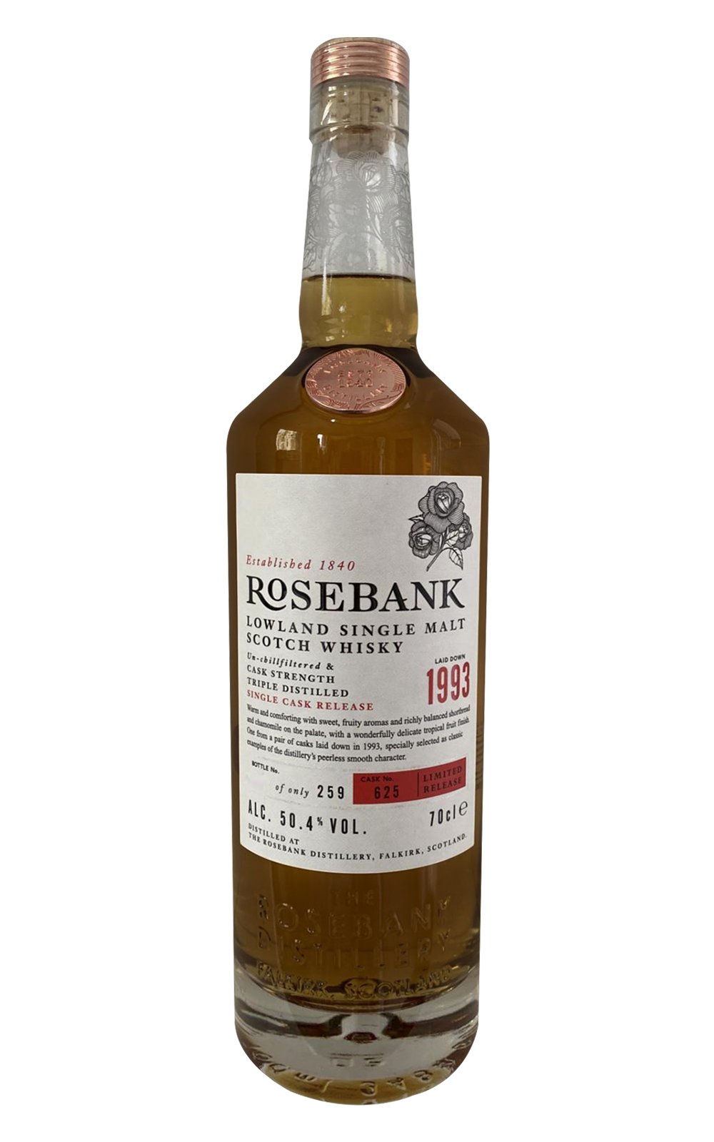 Rosebank Distillery 1993 Single Cask 625 Cask Strength Lowland Single Malt Scotch Whisky 玫瑰河畔蒸餾廠 1993 單桶 625 低地單一麥芽蘇格蘭威士忌原酒