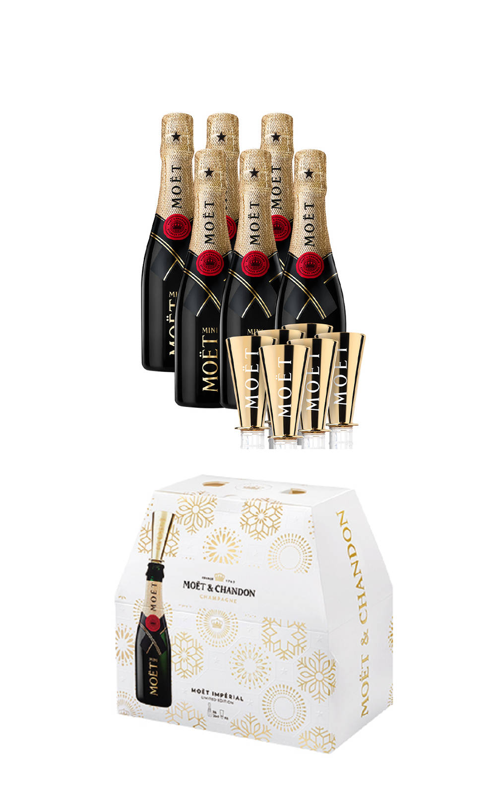 Moet Chandon 耶誕假期限量禮盒 Mini Moët Brut 6瓶 特製金色酒嘴6個 NV 酩悅香檳 耶誕假期限量禮盒 Mini Moët Brut 6瓶 特製金色酒嘴6個